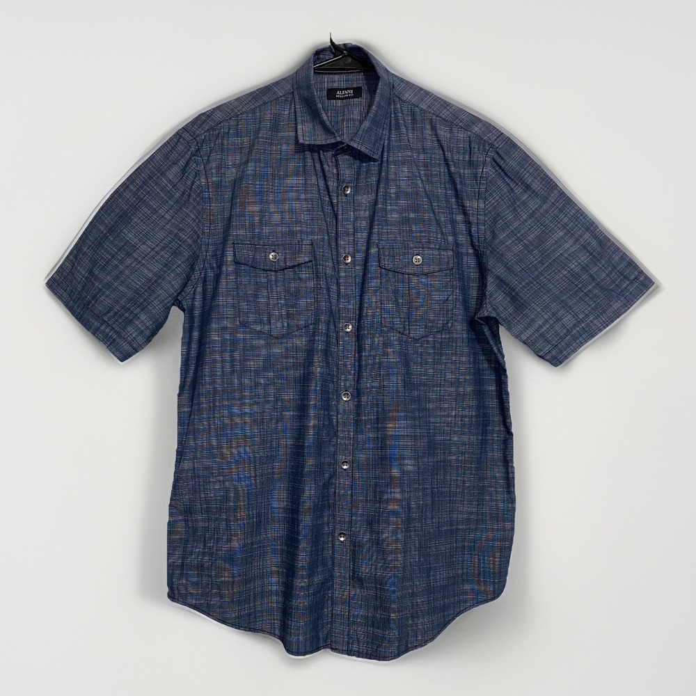 Alfani Button-Up Shirt‎ Mens Medium Blue Short Sleeve Pockets Travel Business
